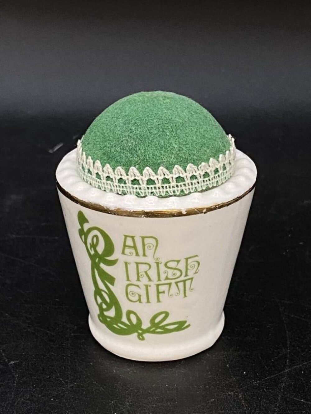 An Irish Gift Vintage Pin Cushion With Ceramic Base Green Top